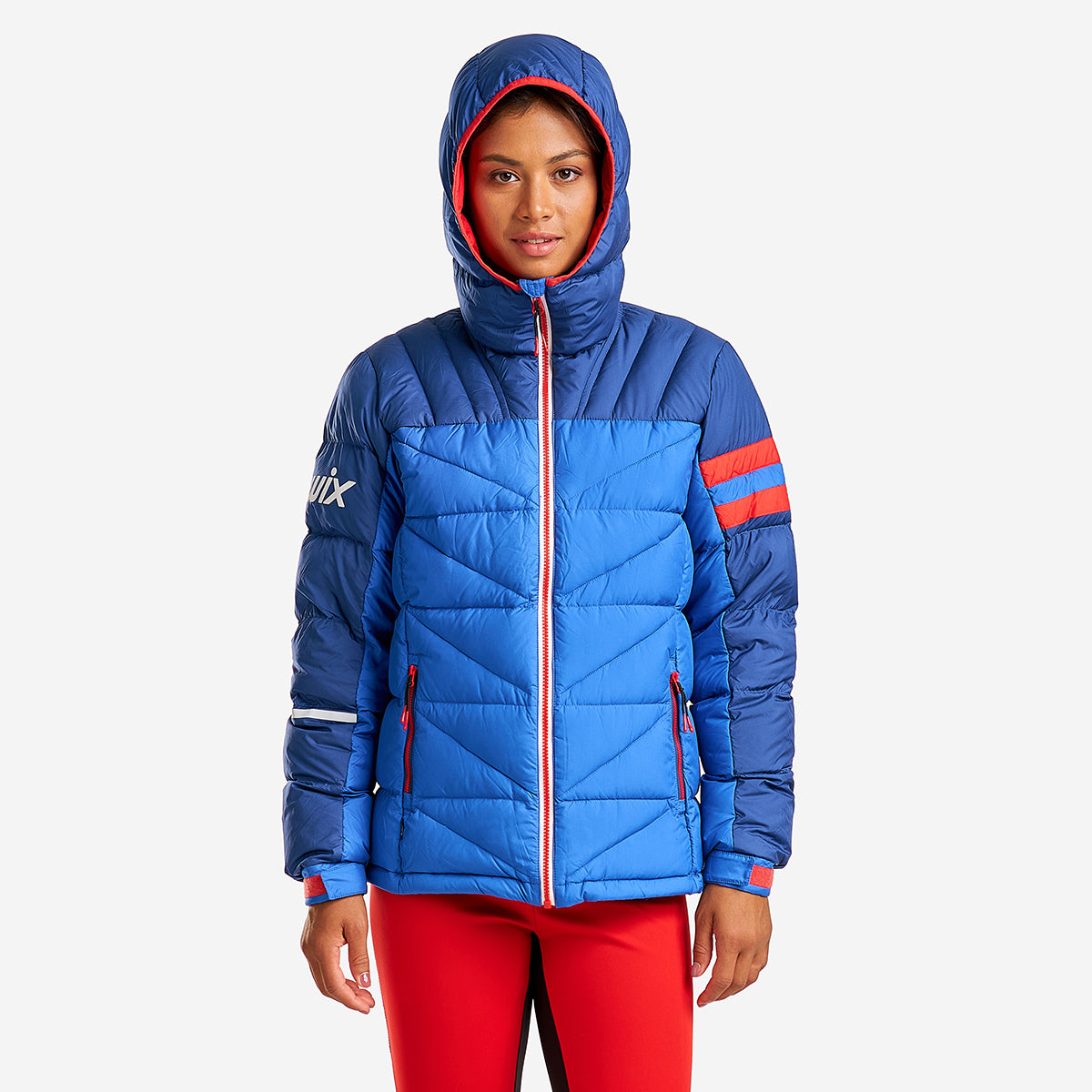 Blue and red puffer jacket best sale